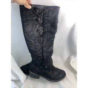 Womens Knee High Knit Lace Heel Boot black faux suede Sexy Grunge Biker 7 Zip